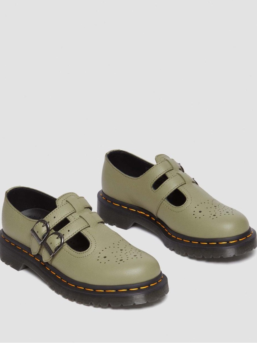 Dr Martens 8065 Virginia Leather Mary Jane Shoes in the color Muted Olive US 5